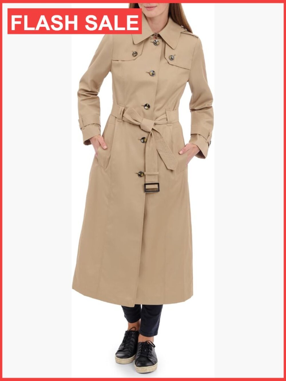 Single Breasted Long Trench Coat with Epaulettes and Belt